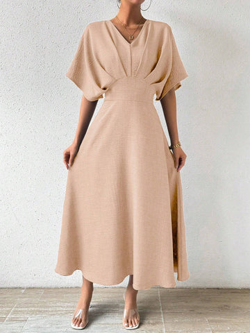 Women Fashionable Simple Pure Color Elegant V-Neck Dress
