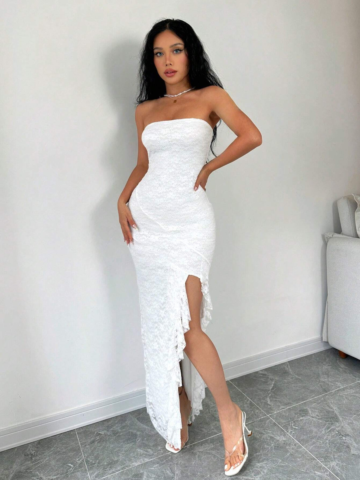 Women Fashionable Solid Color Split Front Strapless Dress
