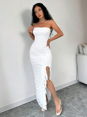 Women Fashionable Solid Color Split Front Strapless Dress