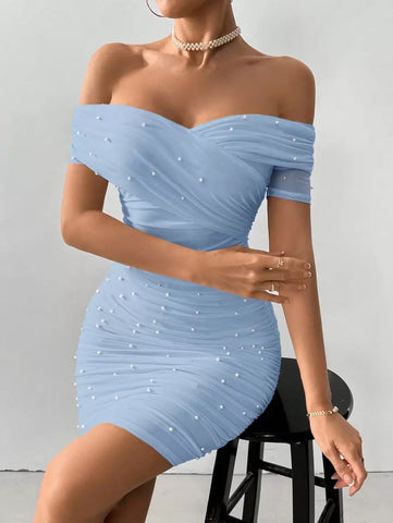 Women Fitted Open Shoulder Short Sleeve Beaded Bodycon Dress