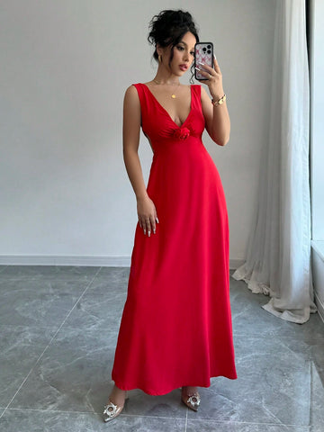 Women Floral Decor Deep V Neck Sleeveless Maxi Elegant Red Dress