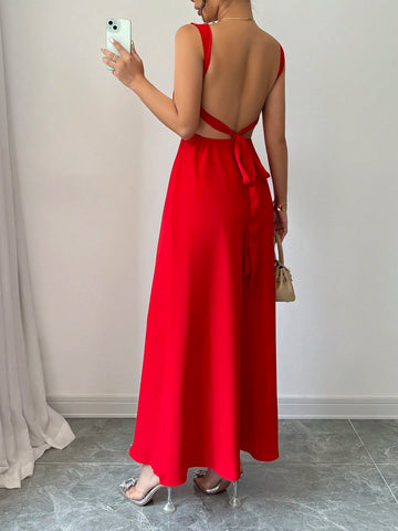Women Floral Decor Deep V Neck Sleeveless Maxi Elegant Red Dress