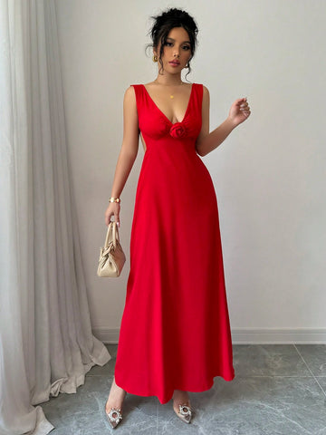 Women Floral Decor Deep V Neck Sleeveless Maxi Elegant Red Dress