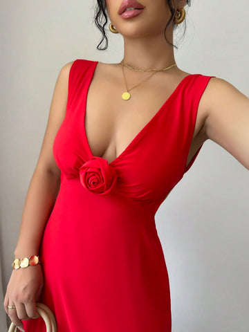 Women Floral Decor Deep V Neck Sleeveless Maxi Elegant Red Dress