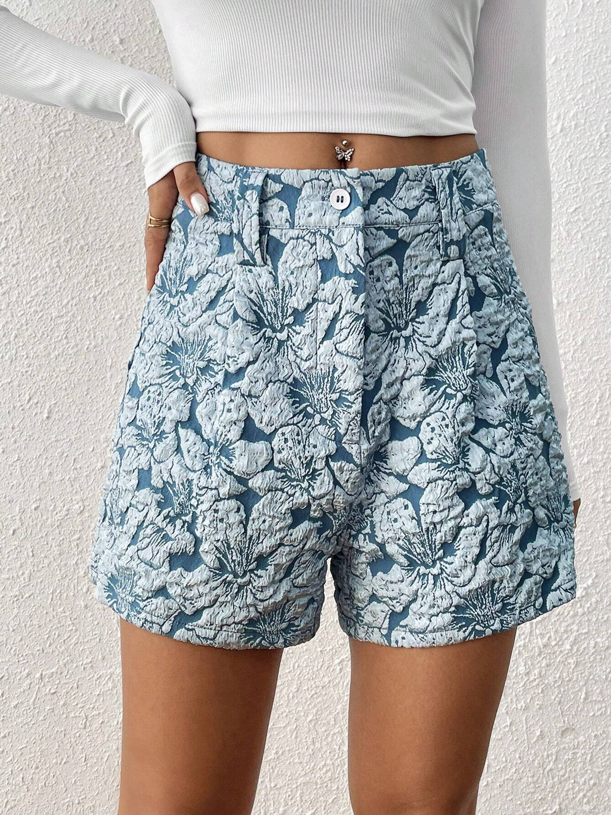 Anewsta Women's 3D Embroidered Blue Floral Faux Linen Shorts