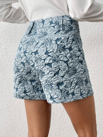 Anewsta Women's 3D Embroidered Blue Floral Faux Linen Shorts