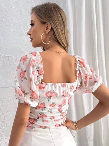 Privé Women Floral Print Shirt With Chest Pads, Ruffled Hem, Smocked Heart-Shaped Neckline And Puff Sleeves, Elegant For Vacation