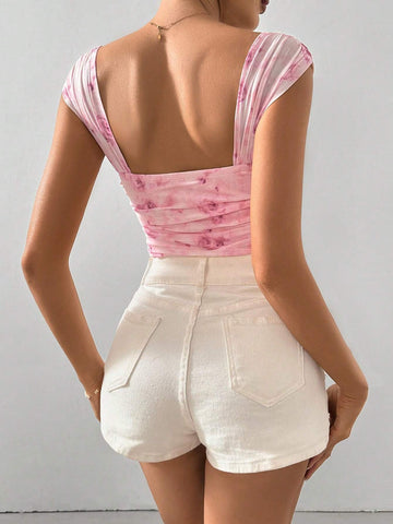 Women Floral Ruched Fashion Bodysuit For Spring And Summer