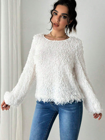 Women Fluffy Feather Lantern Sleeve Crew Neck Long Sleeve T-Shirt