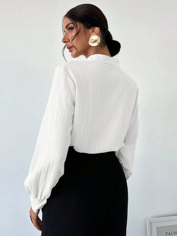 Privé Women Fold Pleated Lantern Sleeve Work White Blouse
