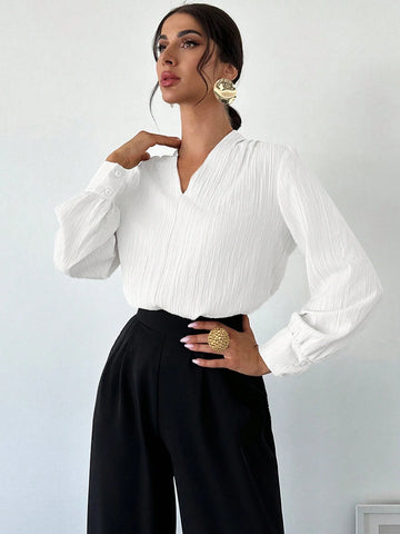 Privé Women Fold Pleated Lantern Sleeve Work White Blouse