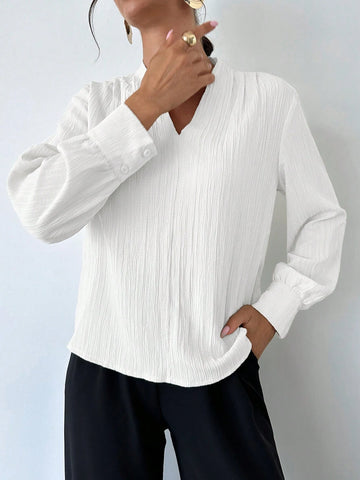 Privé Women Fold Pleated Lantern Sleeve Work White Blouse
