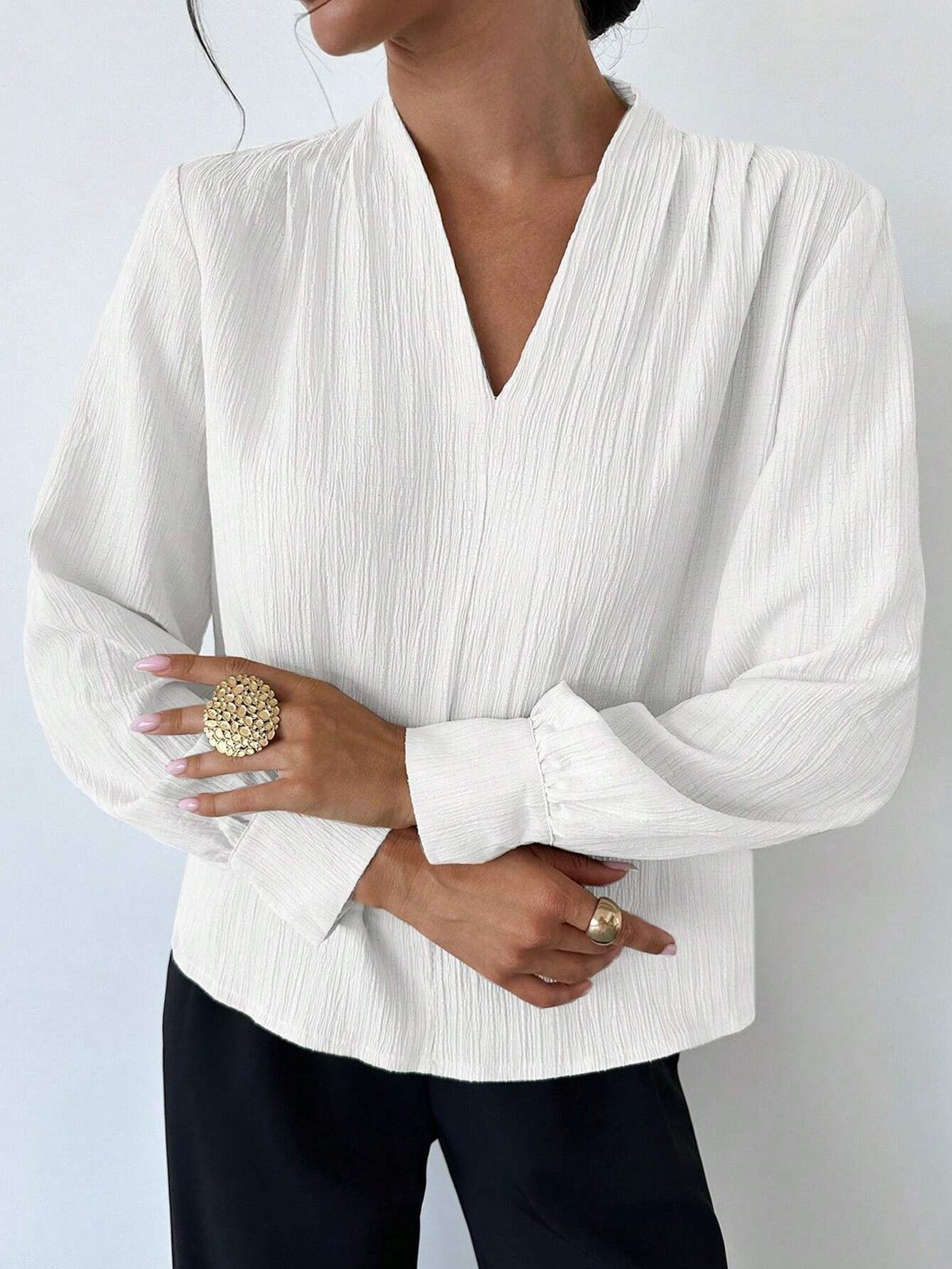 Privé Women Fold Pleated Lantern Sleeve Work White Blouse