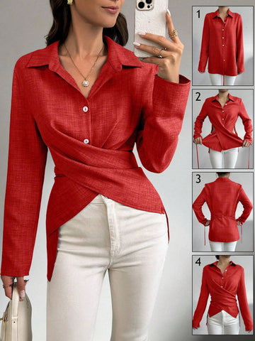 Privé Women Front Button Casual Shirt For Commuting, Autumn