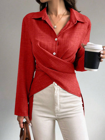 Privé Women Front Button Casual Shirt For Commuting, Autumn