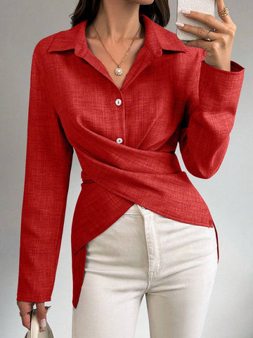 Privé Women Front Button Casual Shirt For Commuting, Autumn