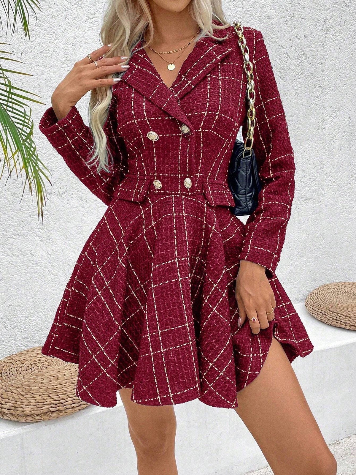 Women Front Button Long Sleeve Plaid Casual Minimalist Short Dress