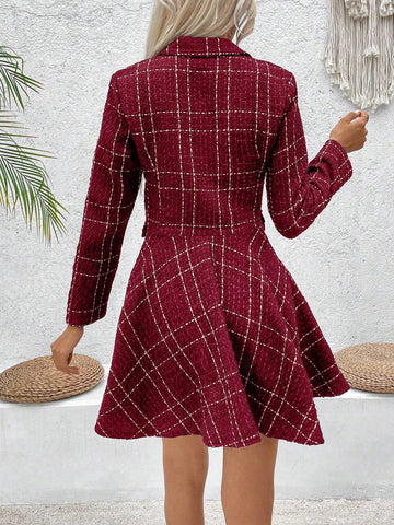 Women Front Button Long Sleeve Plaid Casual Minimalist Short Dress