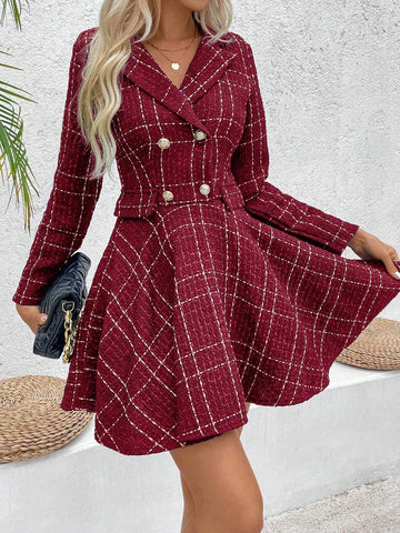 Women Front Button Long Sleeve Plaid Casual Minimalist Short Dress
