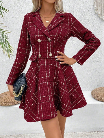 Women Front Button Long Sleeve Plaid Casual Minimalist Short Dress