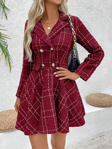 Women Front Button Long Sleeve Plaid Casual Minimalist Short Dress