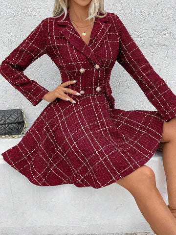 Women Front Button Long Sleeve Plaid Casual Minimalist Short Dress