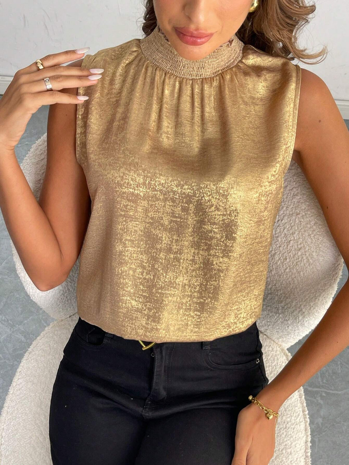 Privé Women Gold Crew Neck Sleeveless Top