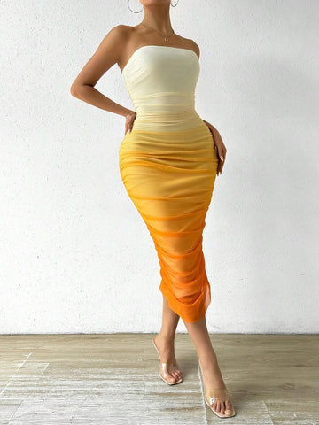 Women Gradient Mesh Pleated Slim Fit Strapless Dress For Summer