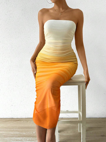 Women Gradient Mesh Pleated Slim Fit Strapless Dress For Summer