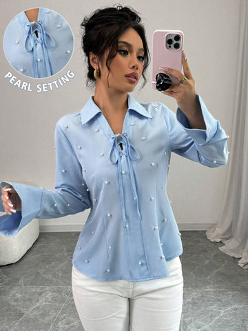 Privé Women Loose Tie Front Faux Pearl Long Sleeve Blouse, Autumn