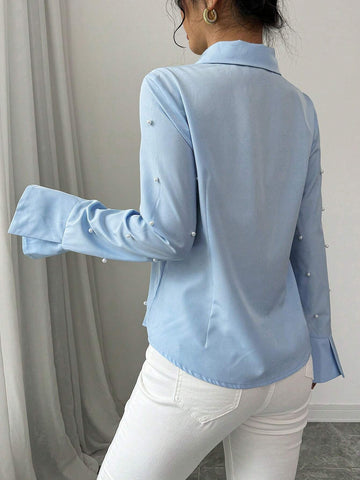 Privé Women Loose Tie Front Faux Pearl Long Sleeve Blouse, Autumn