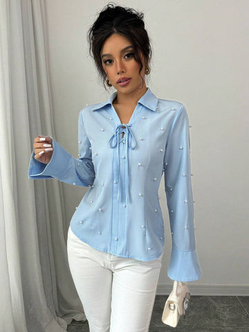 Privé Women Loose Tie Front Faux Pearl Long Sleeve Blouse, Autumn