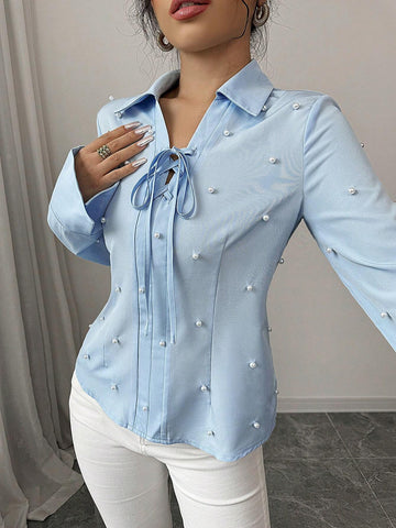 Privé Women Loose Tie Front Faux Pearl Long Sleeve Blouse, Autumn