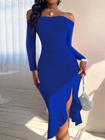 Women Off-Shoulder Long Sleeve Solid Color Split Hem Bodycon Elegant Dress