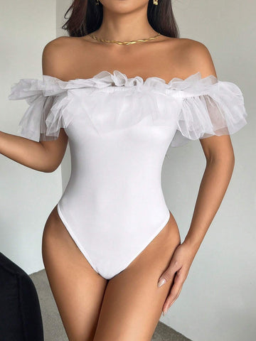 Women Off-Shoulder Mesh Ruffle Edge Bodycon Jumpsuit Elegant And Romantic Wedding