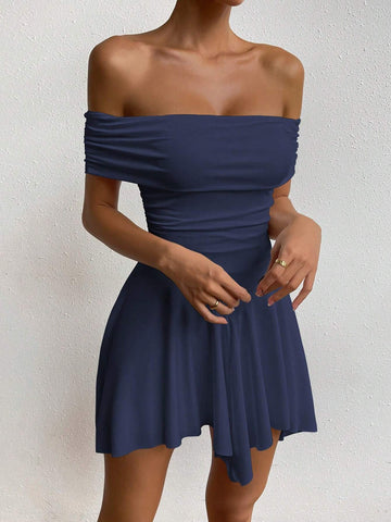 Women Off-Shoulder Short Sleeve Pleated Ruffle Hem Casual Dress