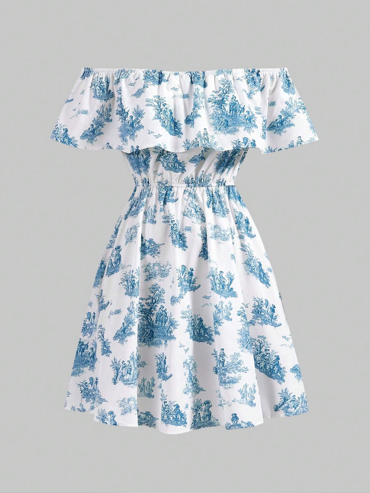 Women Off-The-Shoulder Elastic Waist A-Line Mini Dress With Ruffled Hem
