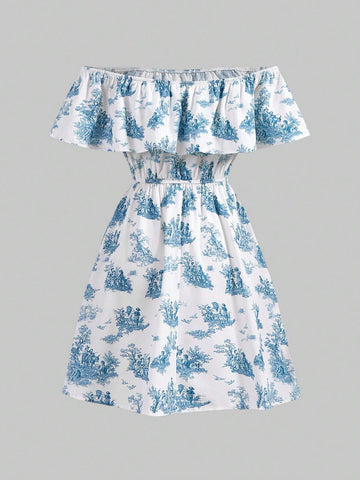 Women Off-The-Shoulder Elastic Waist A-Line Mini Dress With Ruffled Hem