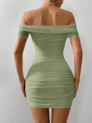 Women Off Shoulder Short Sleeve Beaded Bodycon Mini Dress