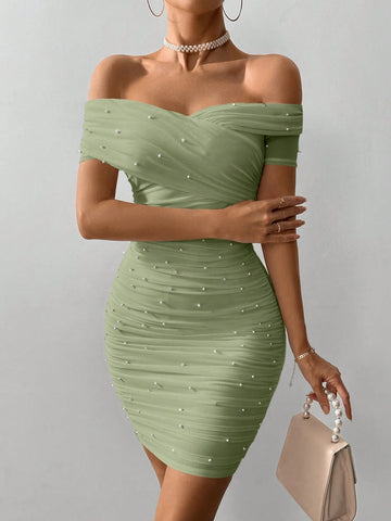 Women Off Shoulder Short Sleeve Beaded Bodycon Mini Dress