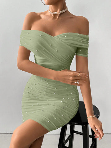 Women Off Shoulder Short Sleeve Beaded Bodycon Mini Dress