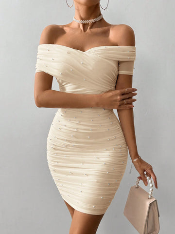 Women Off Shoulder Short Sleeve Bubble Beaded Bodycon Dress