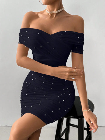 Women Open Shoulder Short Sleeve Bubble Pearl Bodycon Dress