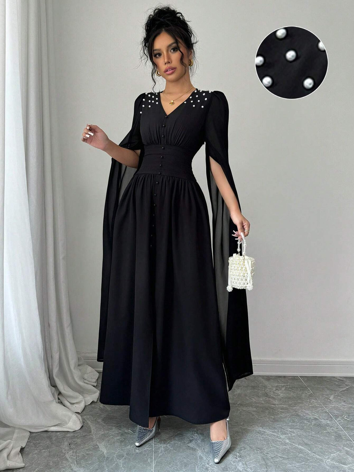Women Pearl Decor V-Neck Lantern Sleeve High Waist Elegant Dress