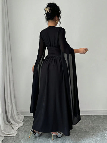 Women Pearl Decor V-Neck Lantern Sleeve High Waist Elegant Dress