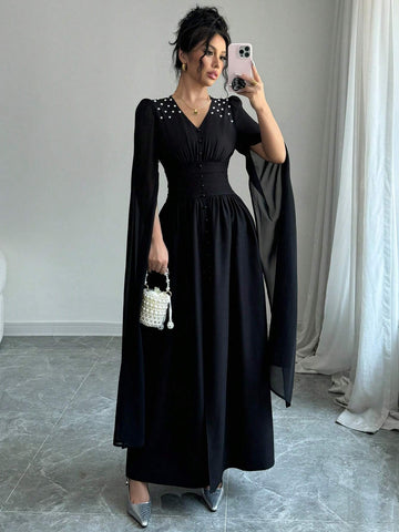 Women Pearl Decor V-Neck Lantern Sleeve High Waist Elegant Dress