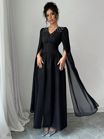 Women Pearl Decor V-Neck Lantern Sleeve High Waist Elegant Dress