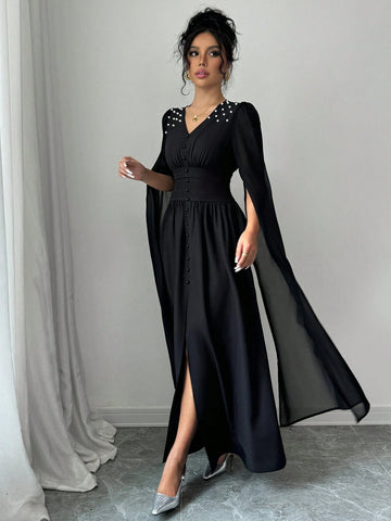 Women Pearl Decor V-Neck Lantern Sleeve High Waist Elegant Dress