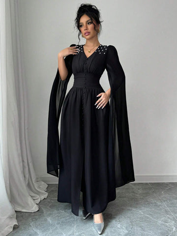 Women Pearl Decor V-Neck Lantern Sleeve High Waist Elegant Dress
