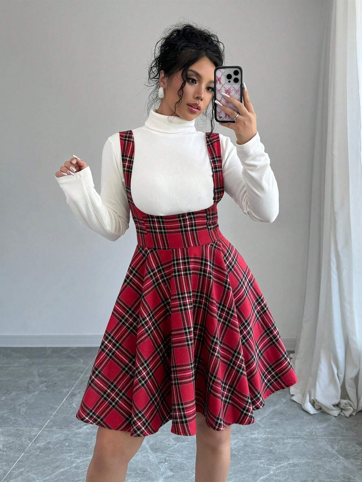 Women Plaid Sleeveless Suspender Red Christmas Dress